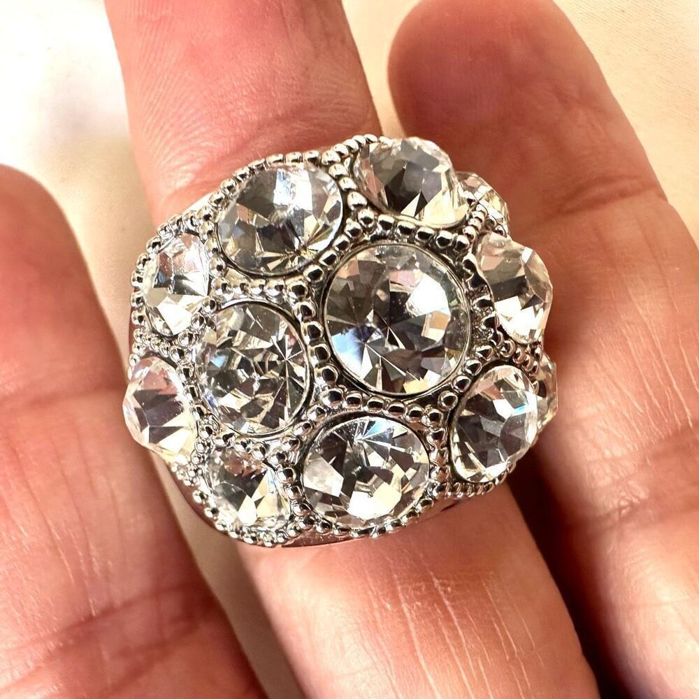 Silver tone rhinestone cocktail ring